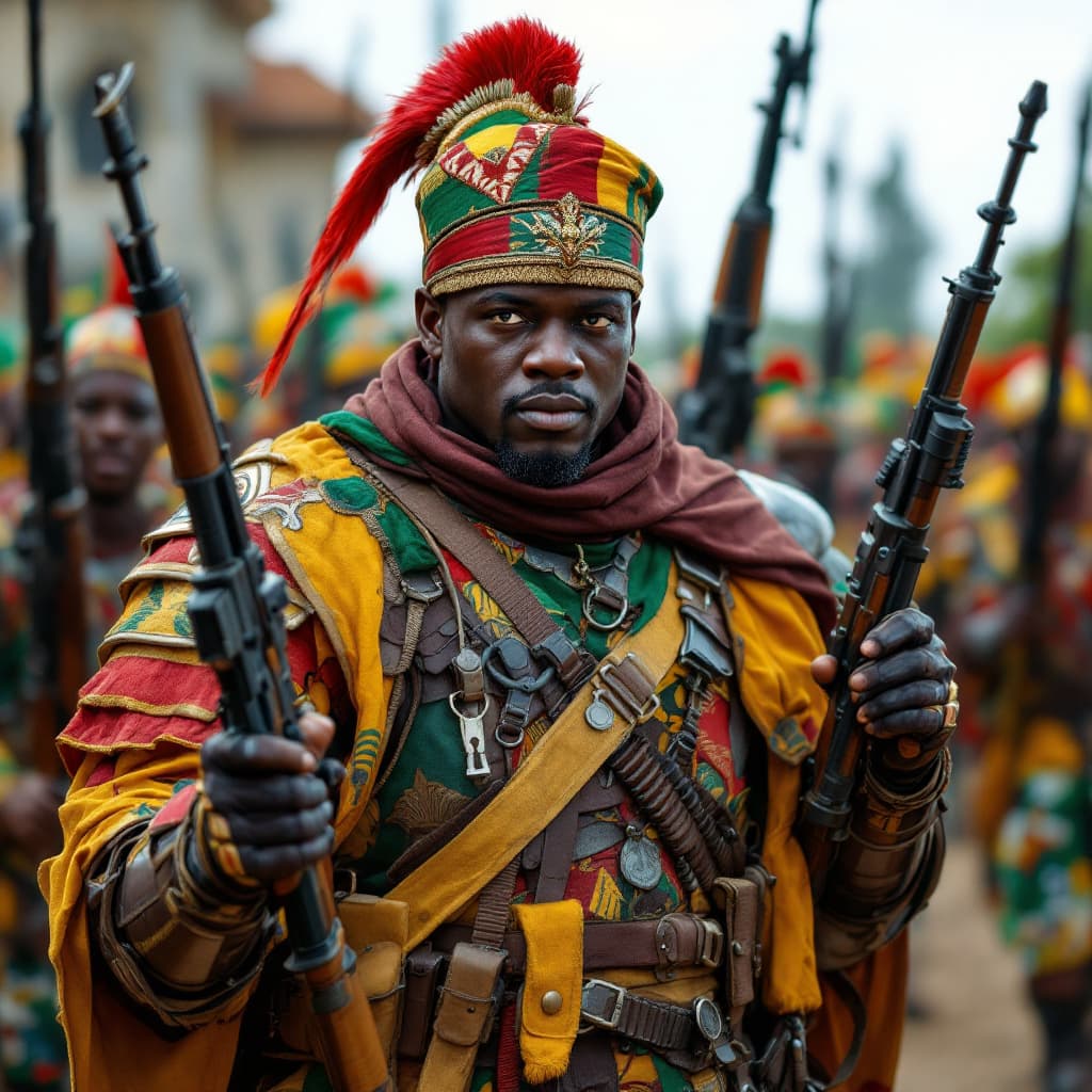 AI generated: A nigerian soldier on camouflage ready for war with guns and armour, bright colours, energetic, pass...