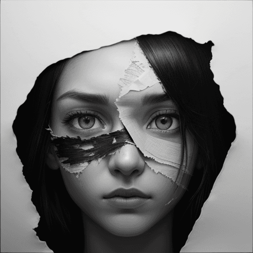 AI generated: A hyperrealistic oil painting, white background of an eye peeking through ripped paper with the shap...
