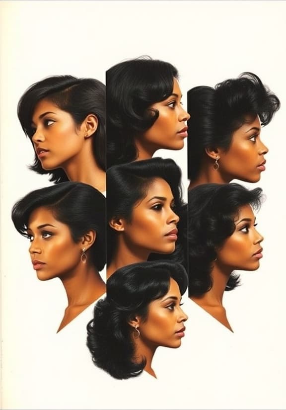 AI generated: Photorealistic image of an early 1970s magazine page featuring six headshots of different young Afri...