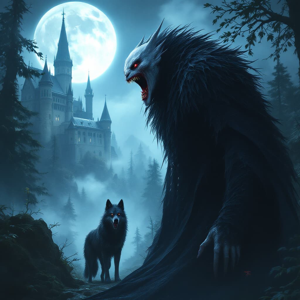 AI generated: highly detailed, realistic, Count Nosferatu, big fangs shining, tall, full body, powerfully build, h...