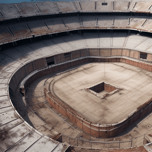 AI generated: A top down aerial view of an empty gladiator arena, the ground is old and dirty with old blood stain...