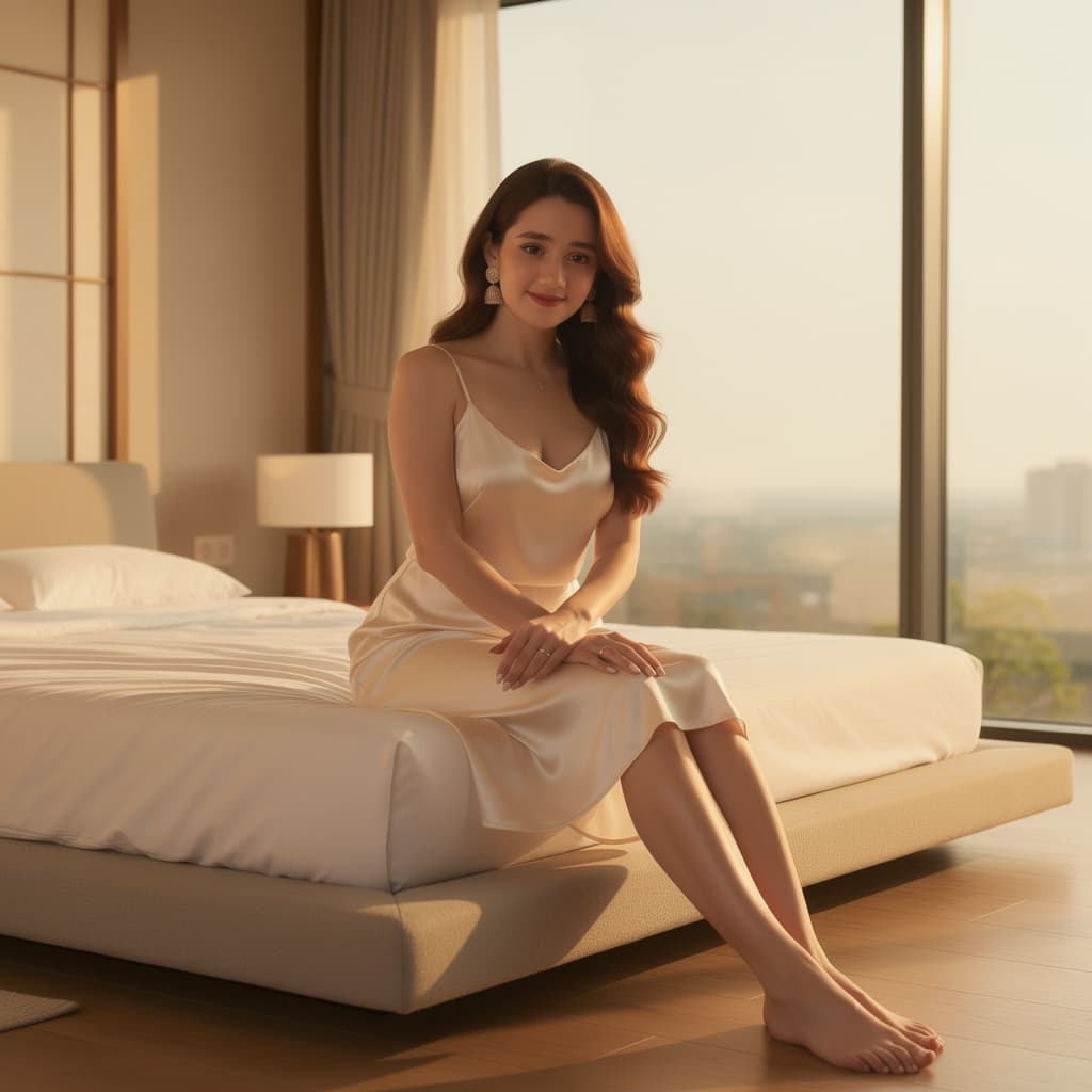 AI generated: In a tranquil minimalist bedroom, a poised woman sits on a low modern platform bed, serene and self ...