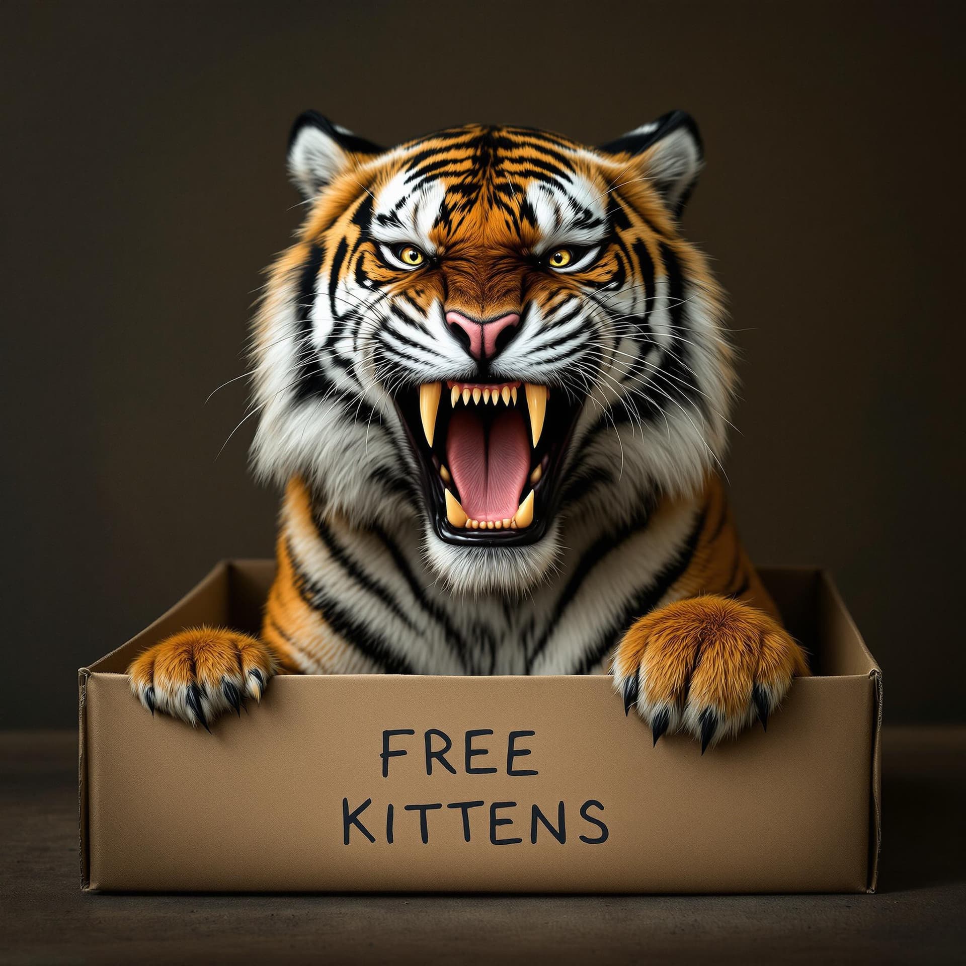 AI generated: Photo of a ultra realistic snarling tiger showing teeth, sat in a box that says "FREE KITTENS"