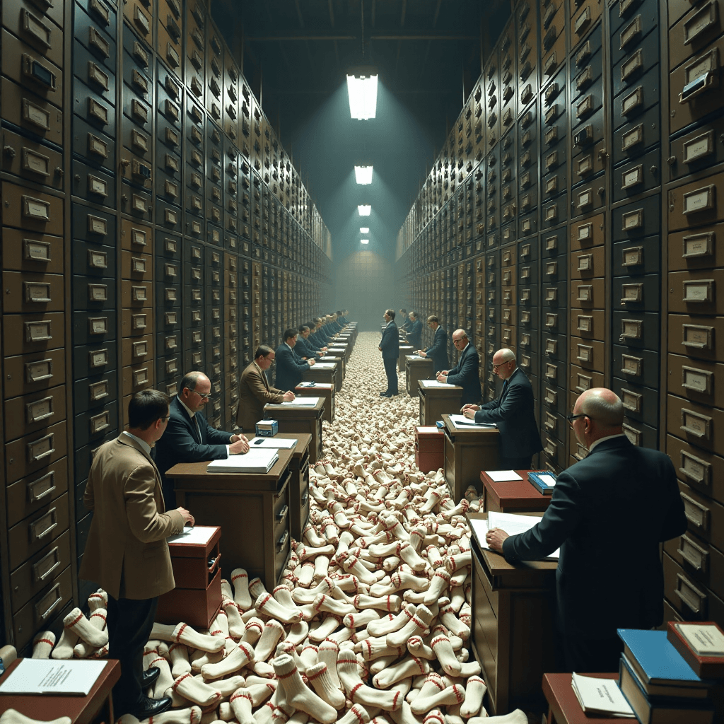 AI generated: "A vast, overwhelmingly bureaucratic office hall of the 'Ministry of Lost Socks'. Endless rows of to...