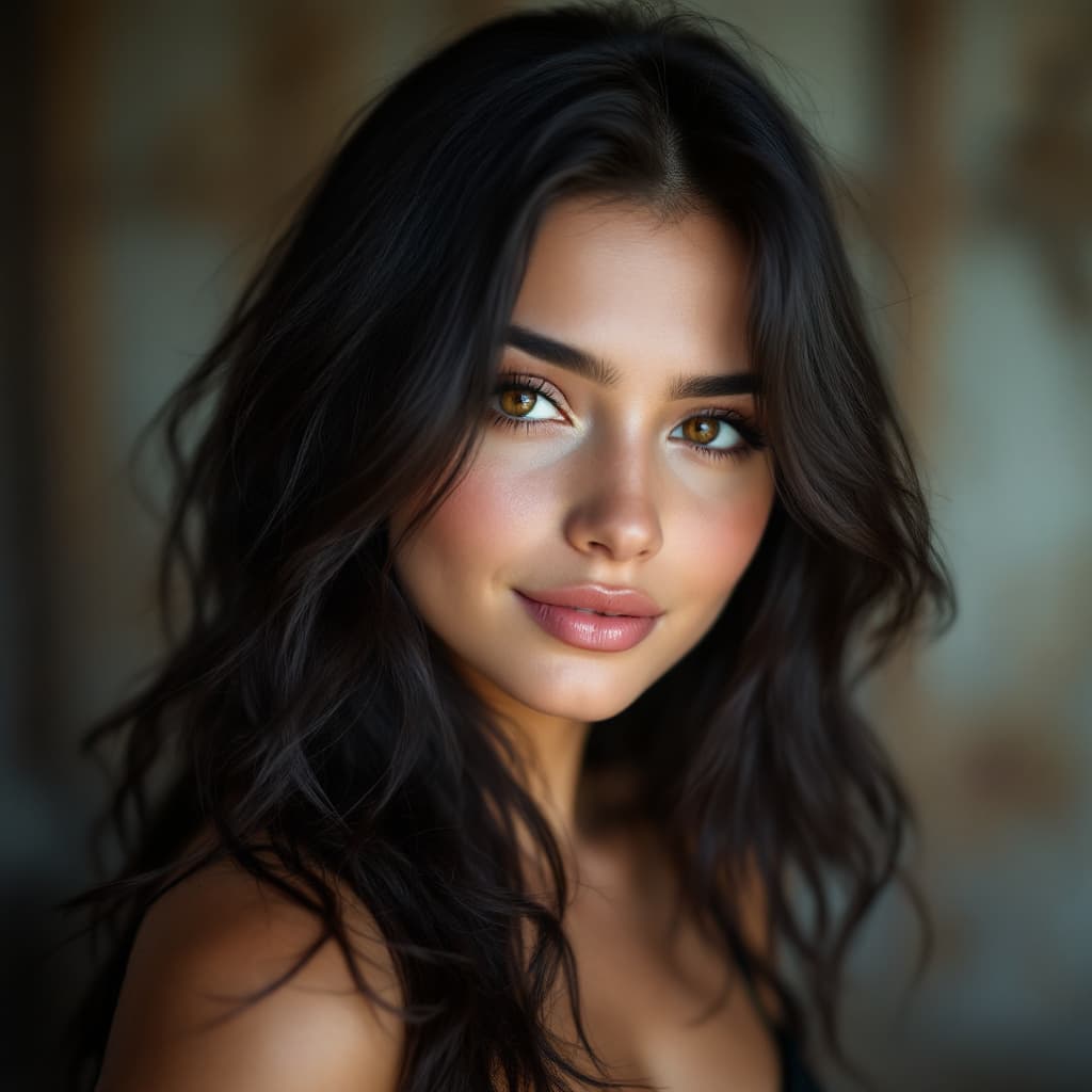 AI generated: portrait of hot 21 years old latina girl, with black brunette hair and brown hazel eyes, she has so ...