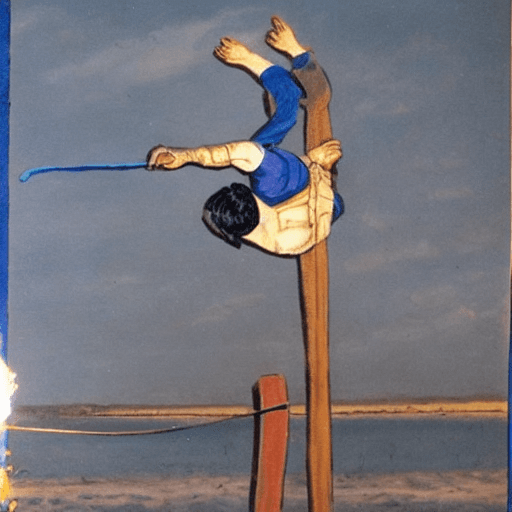 AI generated: an old pirate doind acrobatics, he holds a lasso, blue colors, narutal light