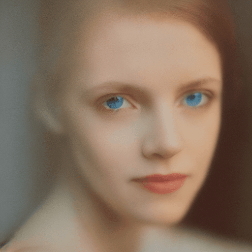 AI generated: colors, sharp light blue eyes, A soul-stirring close-up portrait of a woman, grins, her grace enhanc...