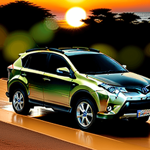 AI generated: carro tt, toyota rav4, nascer do sol pálido, dia de chuva, foto real