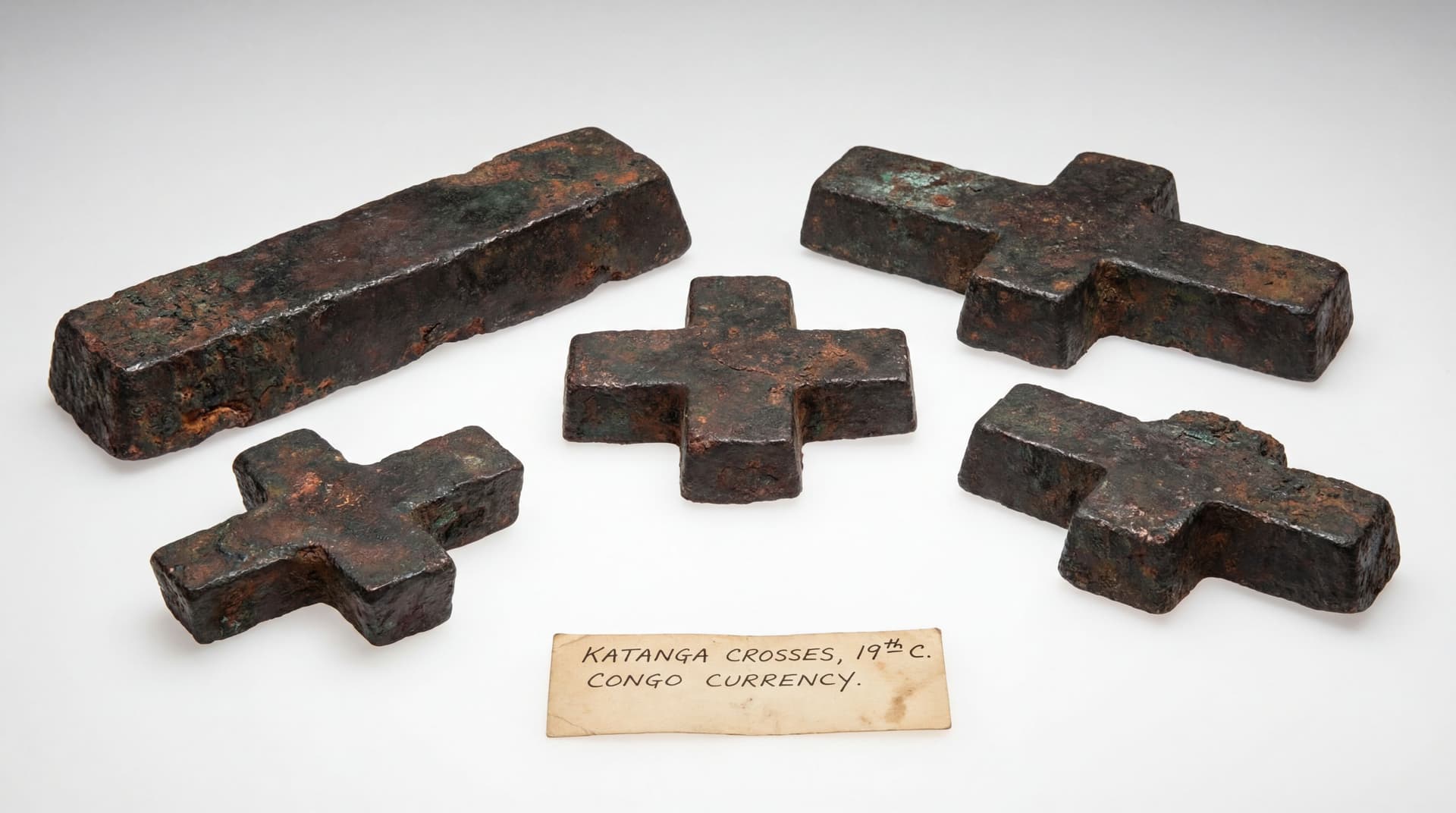 AI generated: Copper Ingots: In the Congo, "cross-shaped" copper ingots used as currency. historical detail. White...