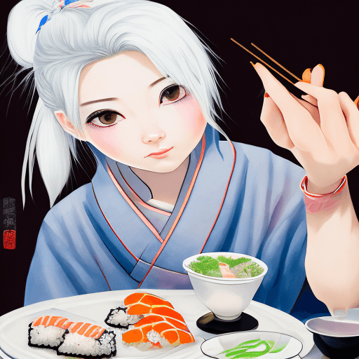 AI generated: Highest quality, perfect masterpiece, perfect art, 8K, (young energetic girl, eating sushi in a rest...