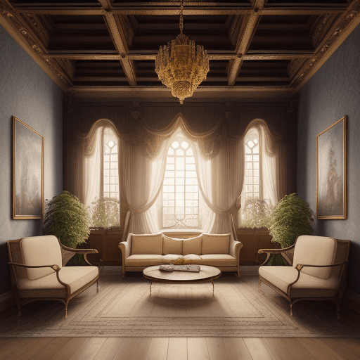 AI generated: High resolution photography interior design, dreamy castle interior living room, wooden floor, small...