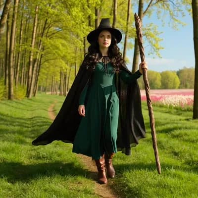 AI generated video: witch  walking through the forest down the grassy path towards a open field of spring flowers
