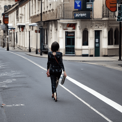 AI generated: 12K, HRD, film grain, 100 ASA, The image features a woman walking down a city street, wearing only s...