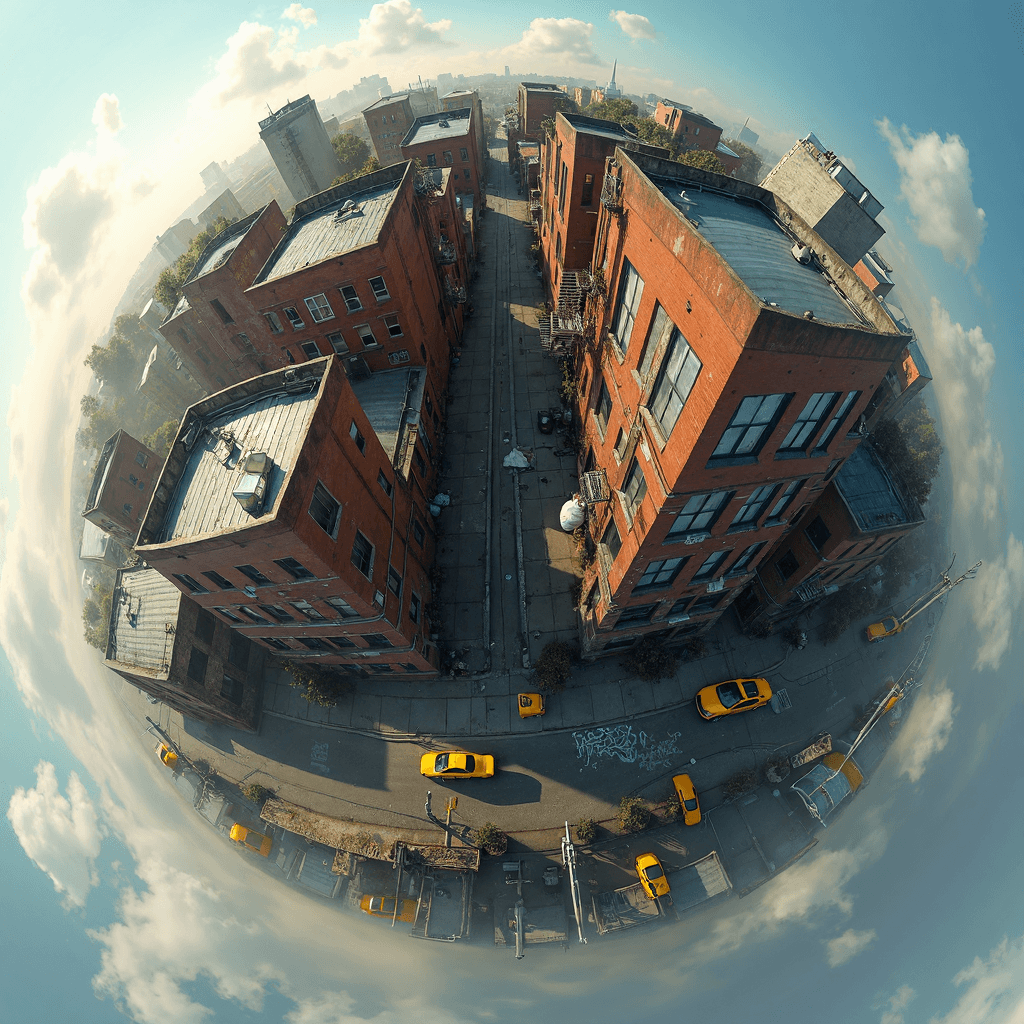 AI generated: A floating microplanet shows a crowded urban neighborhood, its surface a tightly packed sphere of co...