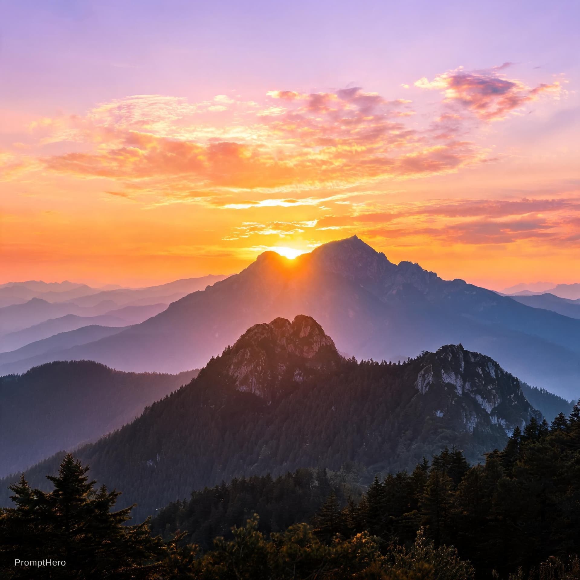 AI generated: A beautiful sunset to mountain 