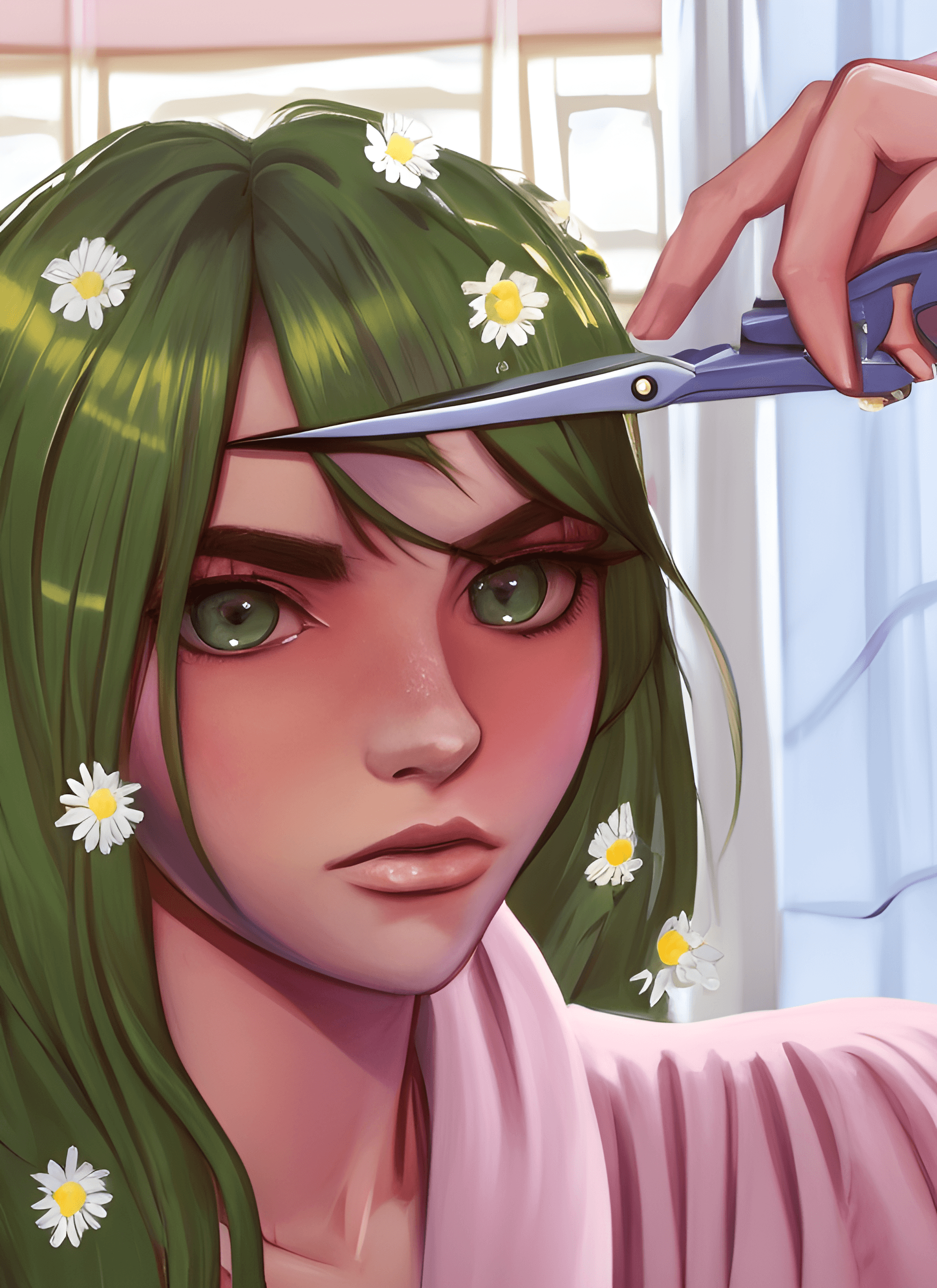 AI generated: a woman cutting her hair with a pair of scissors, a digital painting, inspired by loish, trending on...