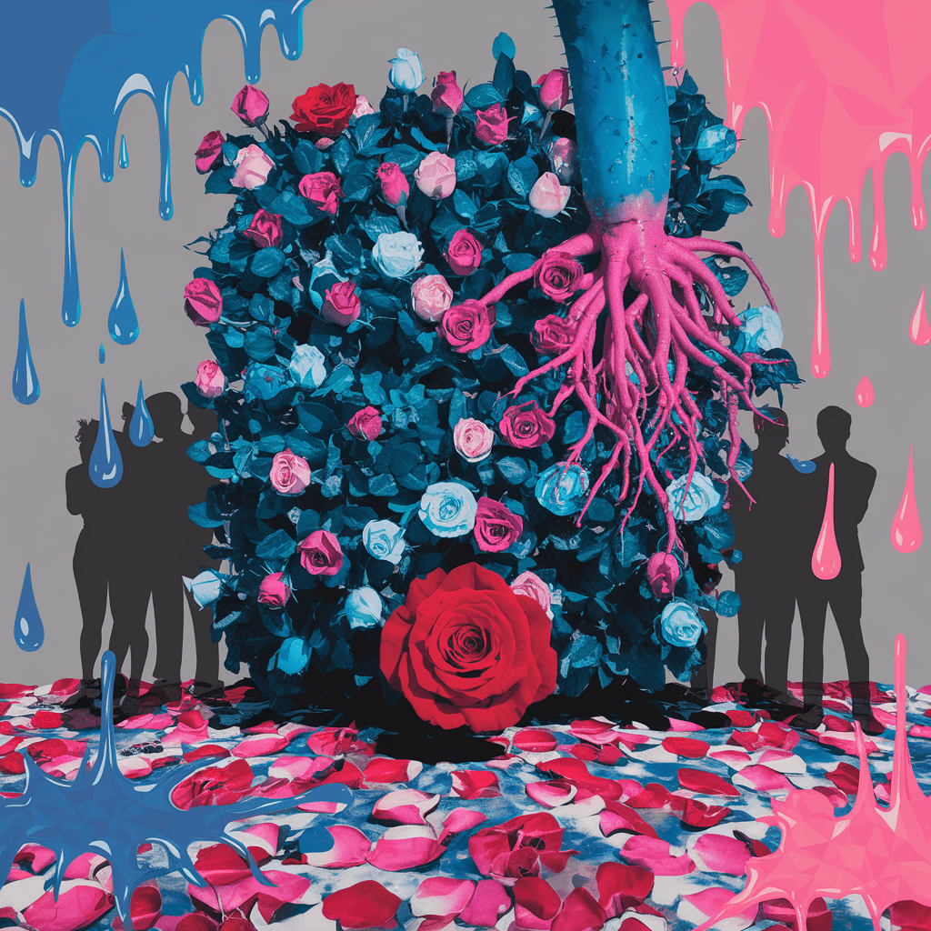 AI generated: A red rose shines in front of an immense rose bush that creates a surreal wall of more various color...