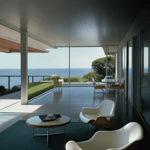 AI generated: Hyper realistic eye level exterior photo of a mid century modern style house overlooking the ocean, ...