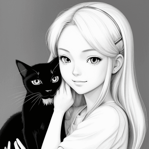 AI generated: no color, perfect anime illustration, portrait of a pretty woman with blonde hair with cat , {{{{{{b...