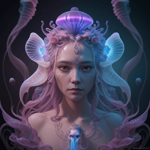 AI generated: Goddess close-up portrait ribcagel. jellyfish phoenix head, nautilus, orchid, skull, betta fish, bio...