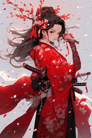 AI generated: A joyful Japanese geisha in vivid red silk armor, holding cherry blossom patterned katana, delicate ...