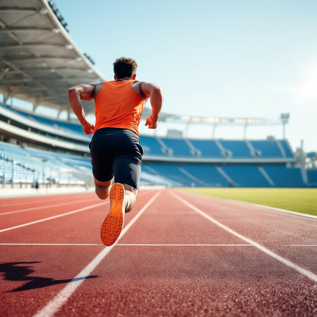 AI generated: A male athlete in an orange tank top and black shorts is sprinting on a professional outdoor running...