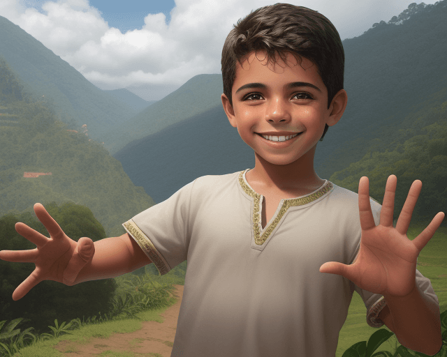 AI generated: realistic image of a latin boy smiling and waving with one five fingered hand with a colombian lands...