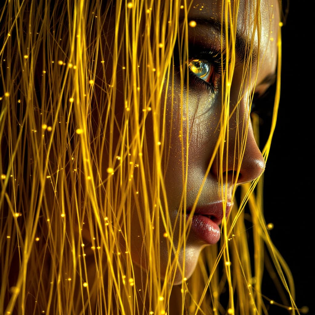 AI generated: female warlock,string art, black background, long golden thin hair, staring into your soul,surrealis...