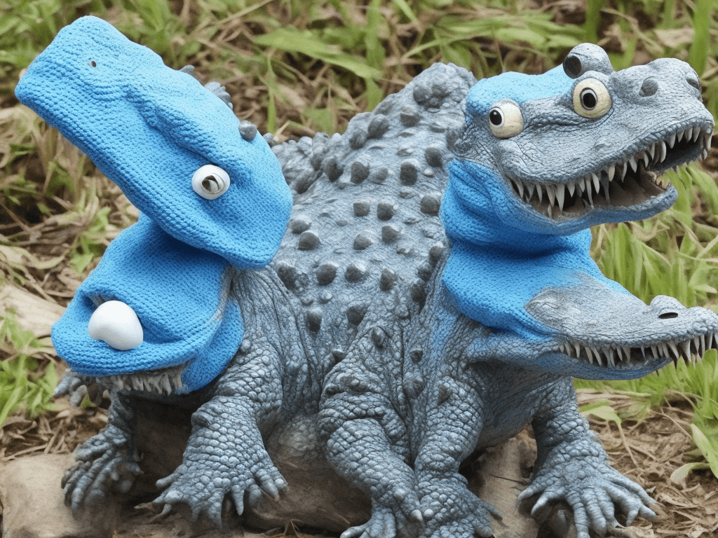 AI generated: One old alligator with long teeth, camouflaged like a smurf and a white tuque on his head.