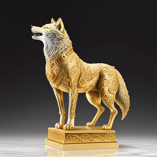 AI generated: gorgeous wolf statue with gold filigree :: carved marble --q 2 --s 3000 --ar 1:2 --uplight