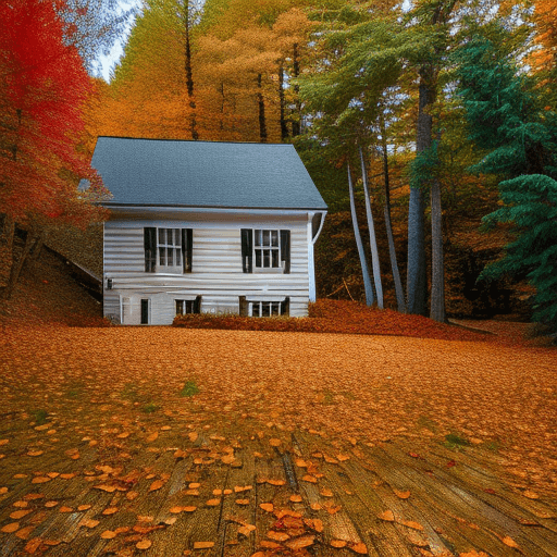 AI generated: Photo of a house deep into the woods covered in autumn foliage with a road leading up to the house w...