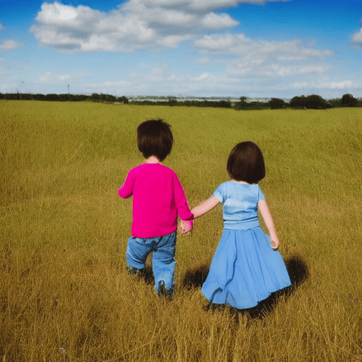 AI generated: boy and girl walking while they are holding their hands in a field. sunny day. from the back. boy an...