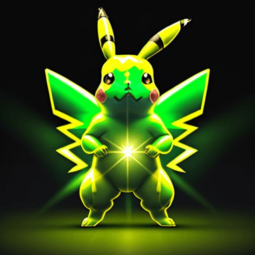 AI generated: Incredible angle view of a beautiful full body translucent cannabic green pikachu, bright color, poi...