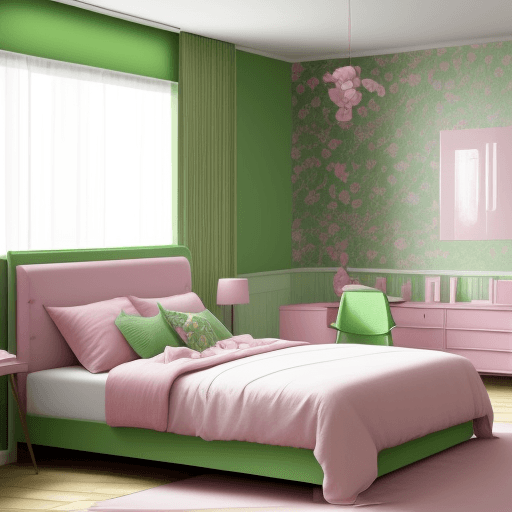 AI generated: make a hyper-realistic bedroom design with two wood panels on the sides of the bed, pink wallpaper b...