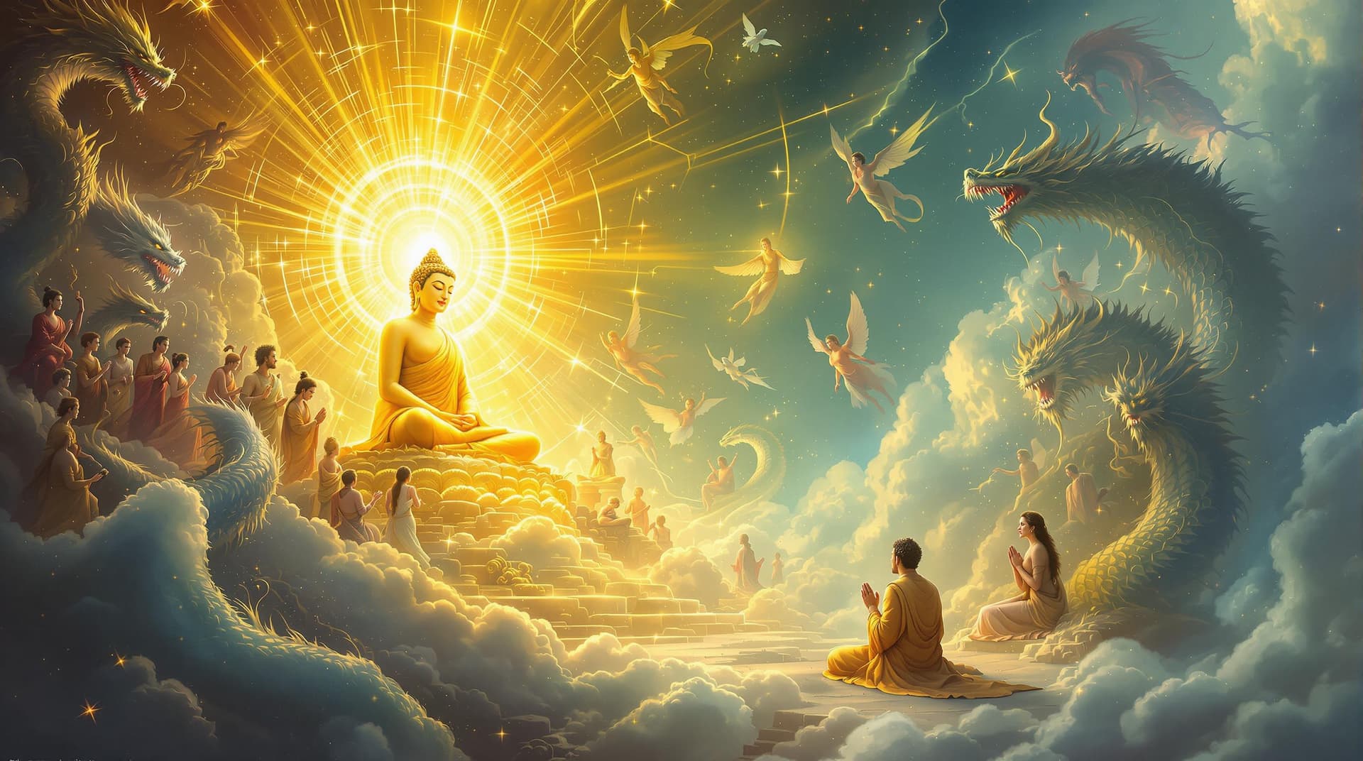 AI generated: Draw: A majestic celestial scene set in Trayastrimsa Heaven, where the Buddha manifests divine power...