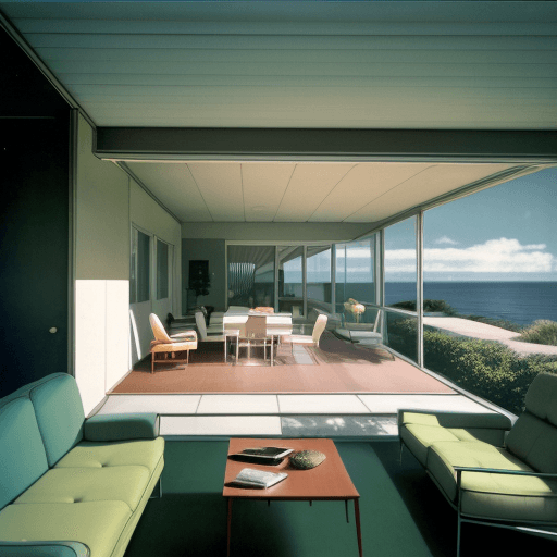 AI generated: Hyper realistic eye level exterior photo of a mid century modern style house overlooking the ocean, ...