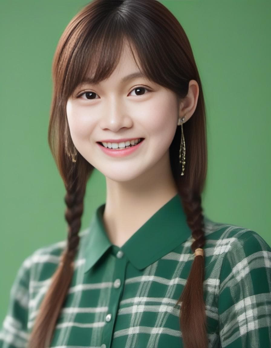 AI generated: hiromitsu takeda style model , in school dress,smile , green background 
