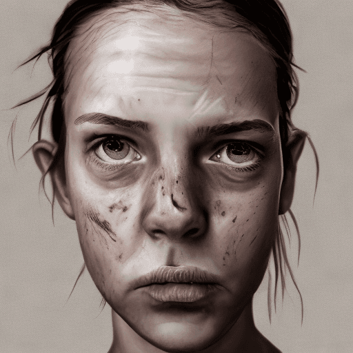 AI generated: A girl. Thin lips. Grimace face. Highly detailed face. White background. White tshirt. Brown eyes. B...
