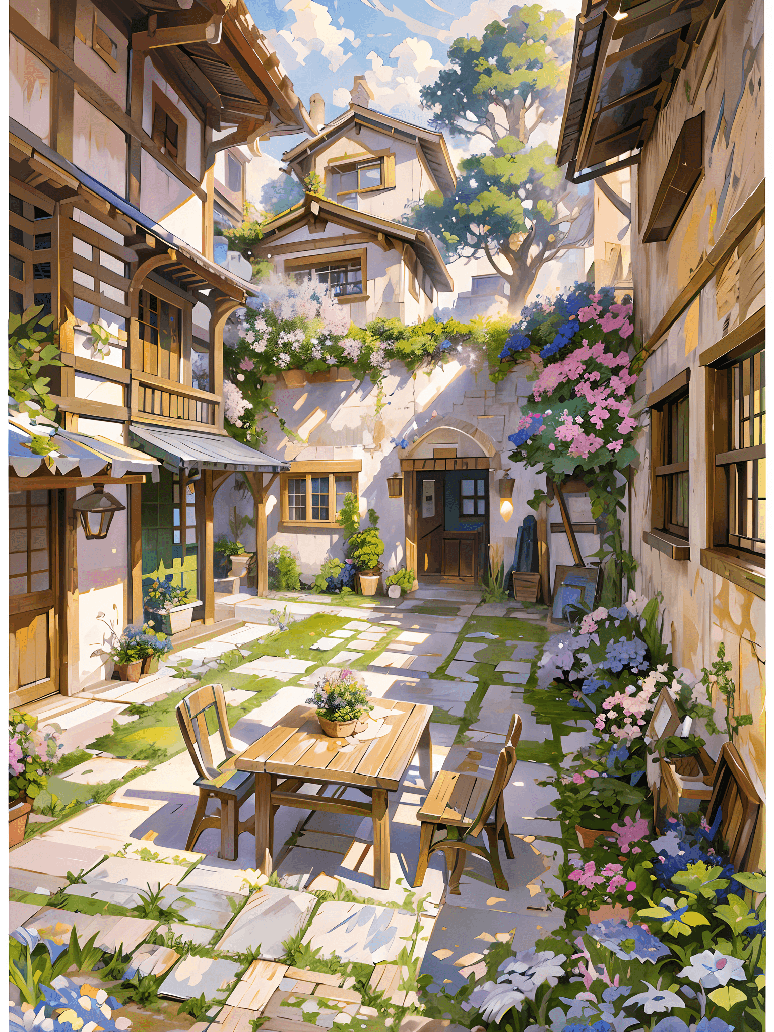 AI generated: painting of a courtyard with a table and chairs and a bench, anime background art, relaxing concept ...