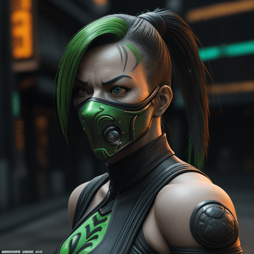 AI generated: Mortal Kombat Jade, unmasked, cyberpunk, outdoor, street, green, hyperrealism, photorealistic, 8k, u...