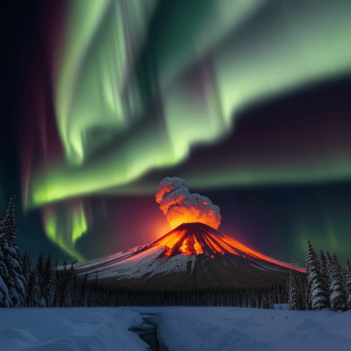 AI generated: Hyper realistic photo of volcano erupting, in snowy northern landscape, aurora borealis, wide image,...