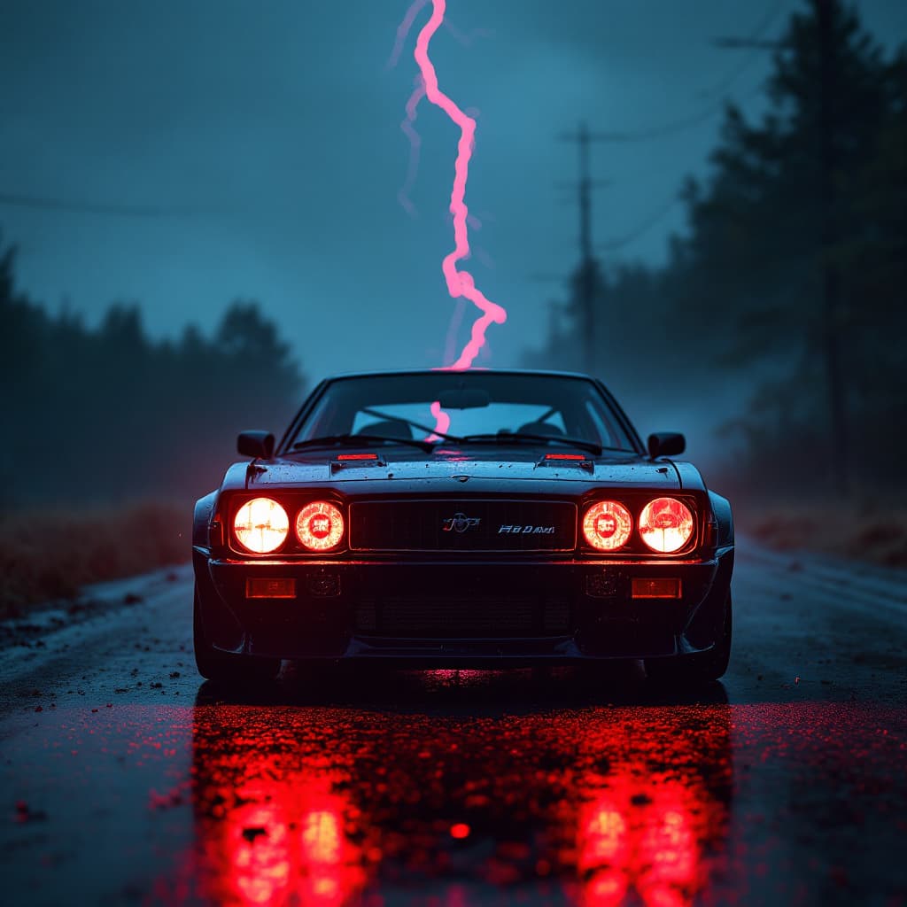 AI generated: void pursuit
old JDM car
looking at camera
red lightning eyes