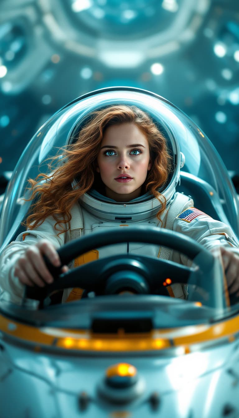 AI generated: High resolution photography of Hermione Granger as an astronaut sitting in the flying car from the m...