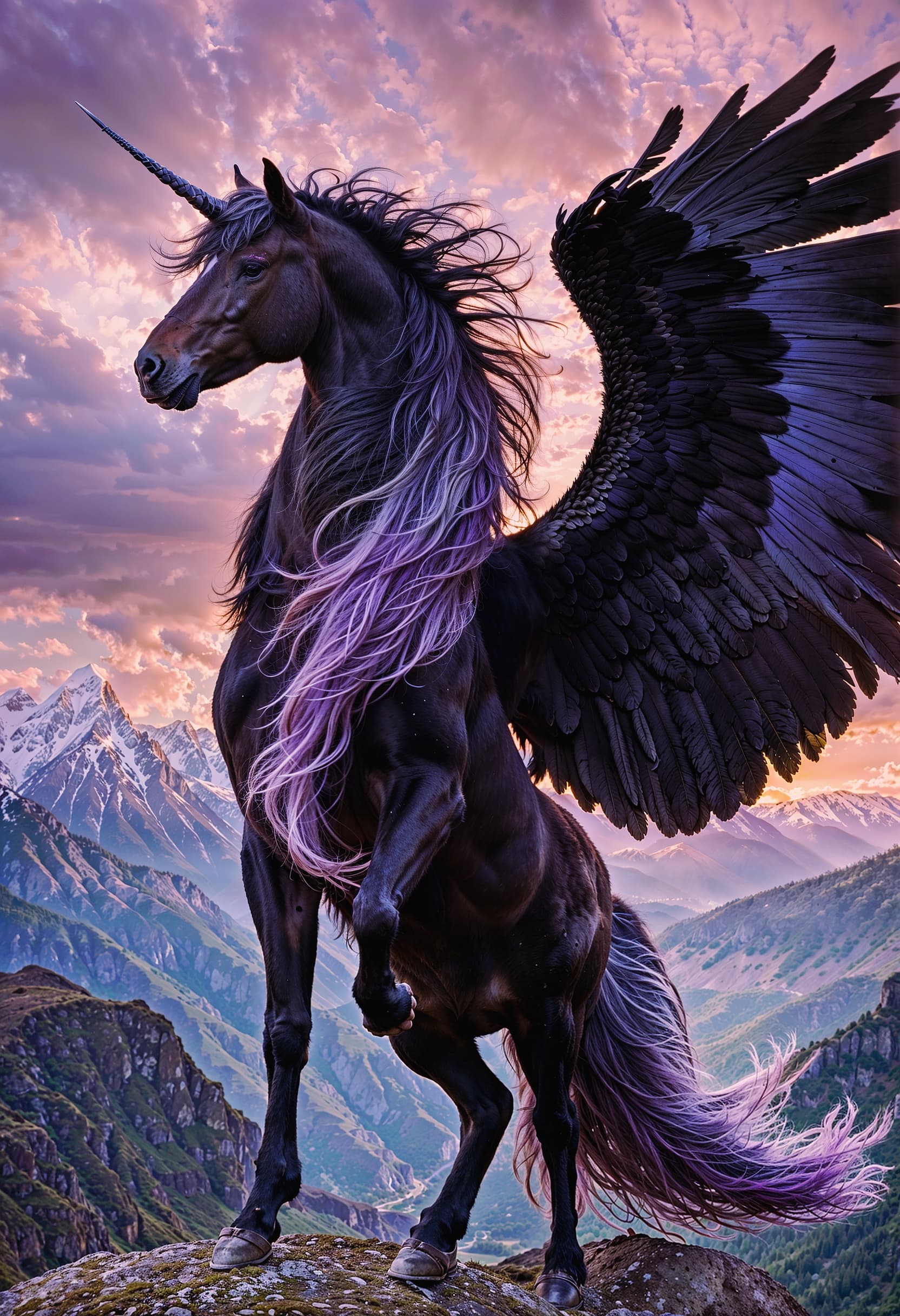 AI generated: A solo, menacing male alicorn stands tall and proud, exuding both beauty and power. His black fur co...