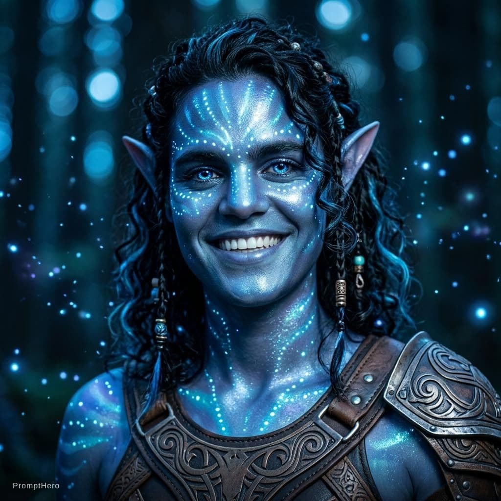AI generated: blue humanoid avatar with bioluminescent avatar markings dots and patterns on their skin. Pointed el...