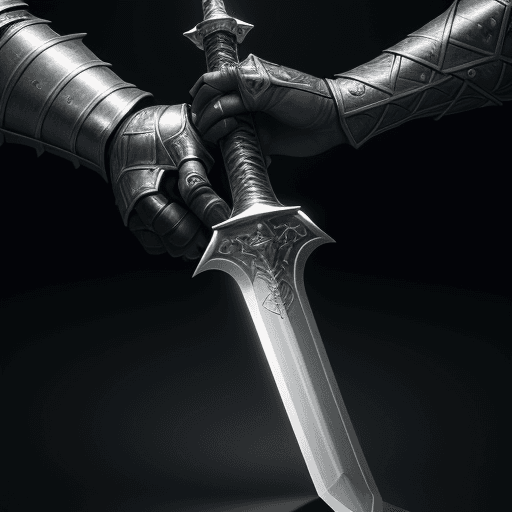 AI generated: close-up view of a knight wielding a long black sword, intricate design and the reflections along it...