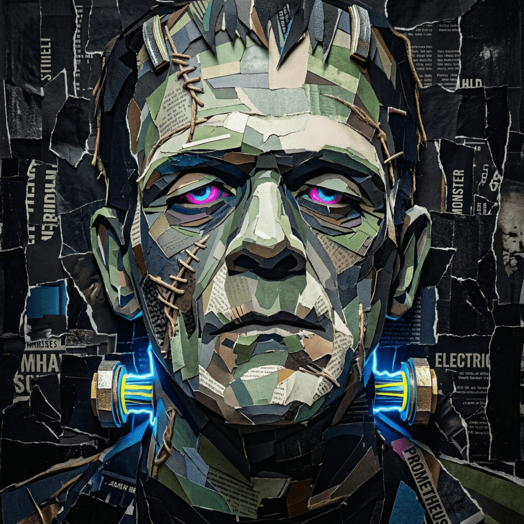 AI generated: A portrait of a Frankenstein, format 1:1, TECHNICAL STYLE PROMPT: Multi-layered torn and cut paper c...