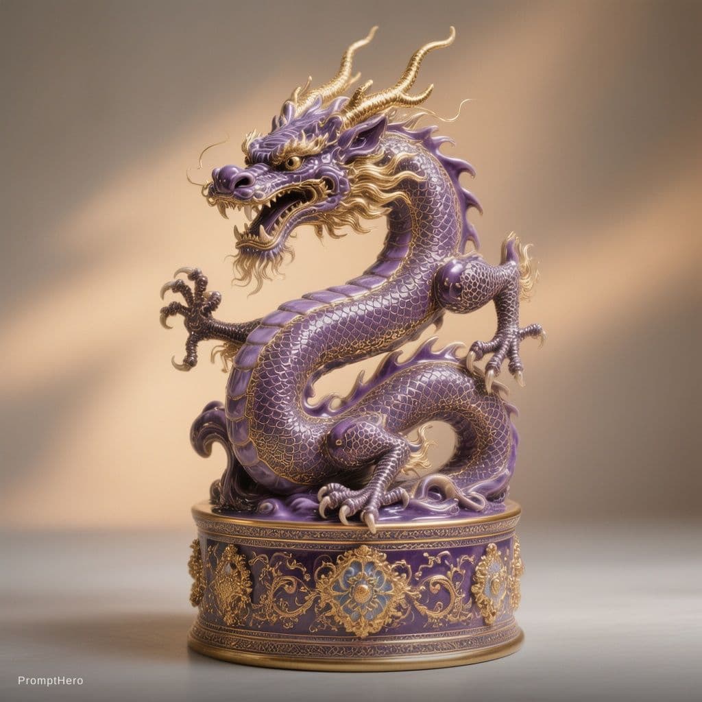 AI generated: Create a visually striking image featuring a violet porcelain dragon 
with intricate gold-line detai...