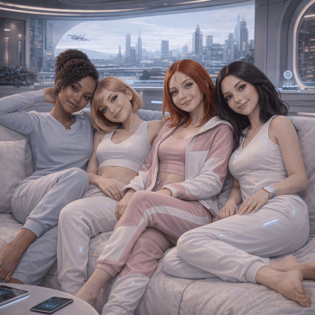 AI generated: Create additional images where the four are seated together. Change background, clothing, hairstyles...