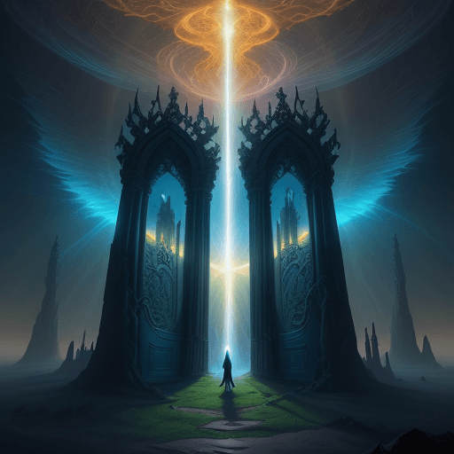 AI generated: a comics rendition inspired by the fantasy artist Neil Gaiman, showcasing the majestic gates of heav...